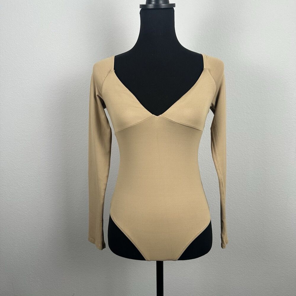 Alix NYC Jansen Bodysuit Womens Small Tan V-Neck One Piece Stretch Minimalist